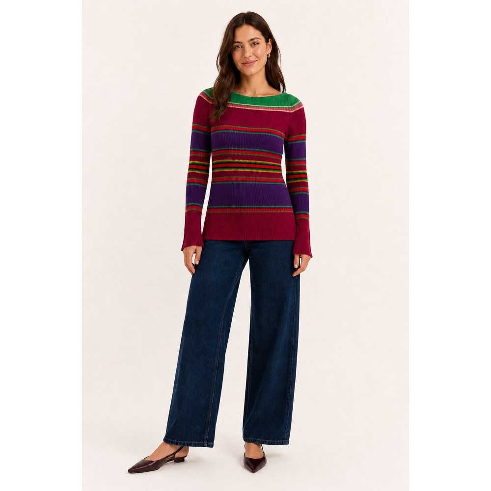 Lauren Ralph Lauren Striped Cotton Boat Neck Sweater Purple Green Y2K Boho L